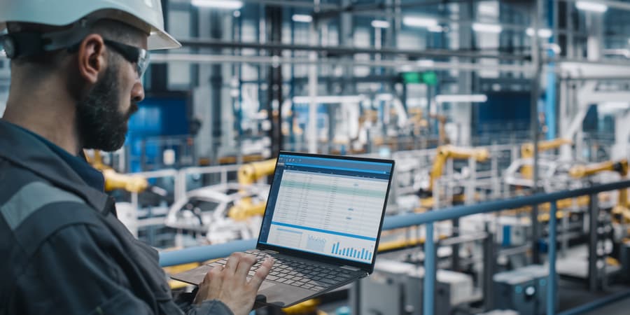 Plm Background Manufacturing Process Management Factory Worker Laptop